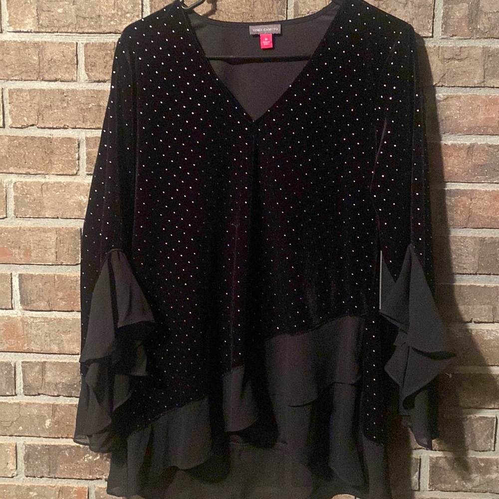 Vince Camuto Black velvet polka dot metallic top size